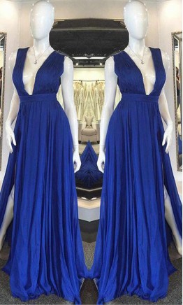 Deep V-neck Long Blue Prom Dresses Sexy