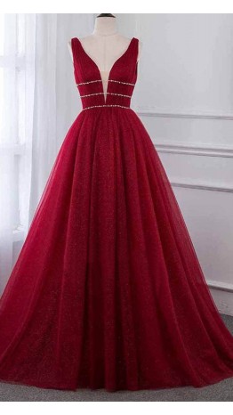 Sparkly Glitter Long Red Gown Dress with Tank Straps KSP532