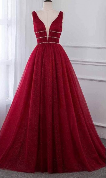 Plunging Glitter Long Red Gown Dress with Tank Straps