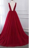 Plunging Glitter Long Red Gown Dress with Tank Straps