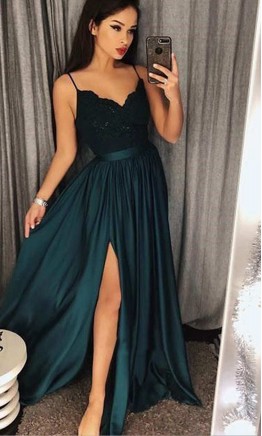 Green Lace Spaghetti Strap Prom Dresses Long KSP533