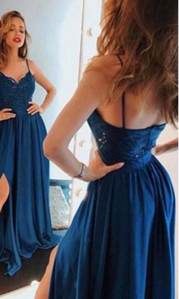 Green Lace Spaghetti Strap Prom Dresses Long KSP533