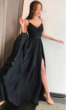 Spaghetti Straps Long Lace Prom Dresses with Slit