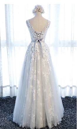Beautiful Grey Long Prom Dress with Lace Appliques KSP534