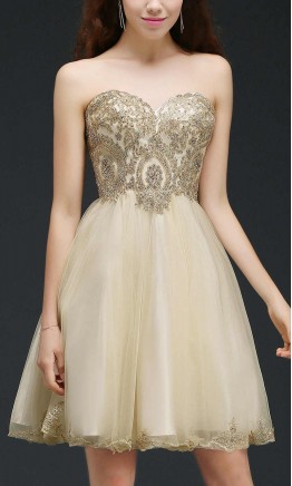 Embellished Golden Short Tulle Prom Dresses