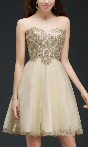 Embellished Golden Short Tulle Prom Dresses