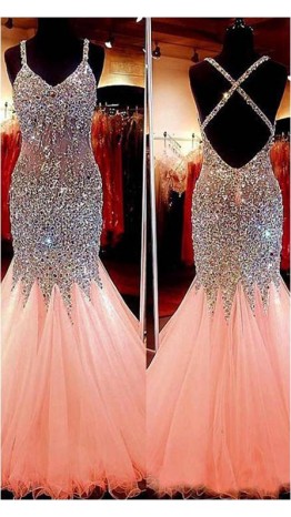 Sparkly Long Trumpet/ Mermaid Prom Dress with Cross Straps KSP537