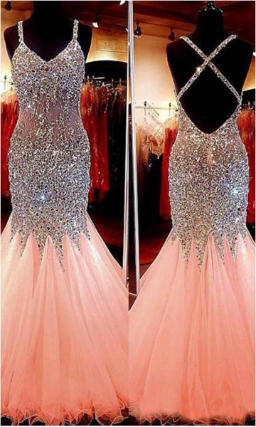sparkly mermaid prom dress with cross straps back