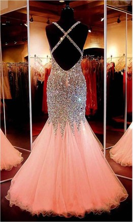 Sparkly Mermaid Prom Dress with Cross Strap and Open Back KSP537