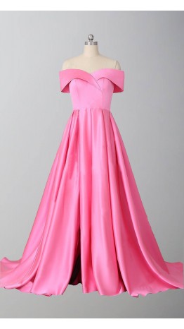 Pink Satin Off Shouder Prom Ball Dresses with Slit KSP538