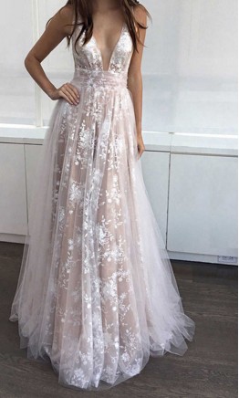 Long V-neck Prom Dress with Flower Applique Embellishment KSP540