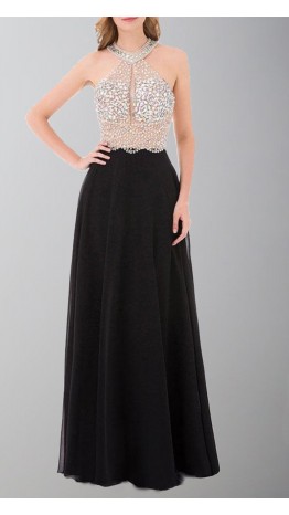 Embellished Crystal Long Black Halter Straps Prom Dresses KSP541