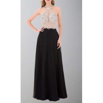 Embellished Crystal Long Black Halter Straps Prom Dresses KSP541