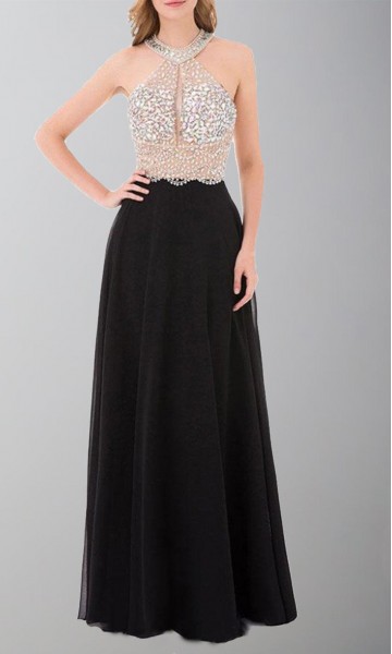 Crystal Long Black Halter Straps Prom Dresses