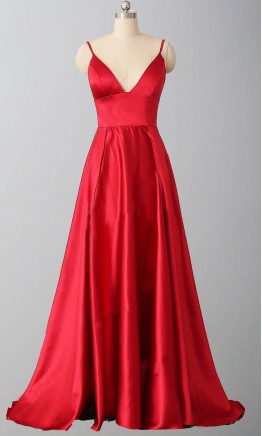 Long Red Satin Prom Dresses With Spaghetti Straps KSP542