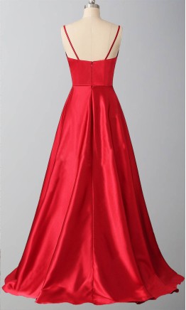 Sleek Red Satin V-Neck Prom Dress with Zipper Back KSP542