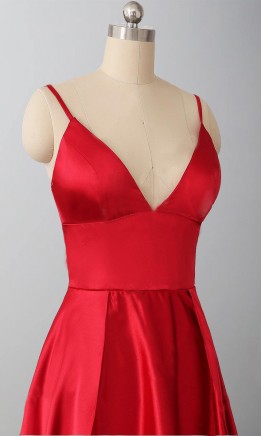 Long Red Satin Prom Dresses With Spaghetti Straps