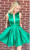 Boat Neck Short Green Satin Homecoming Dresses KSP546