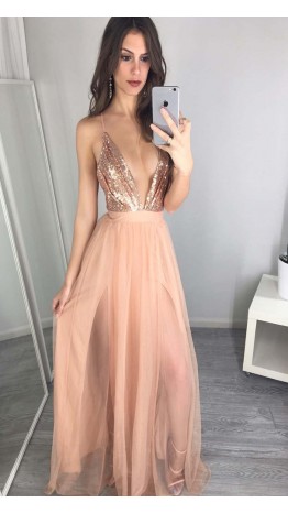 Metallic Backless Prom Dress Long With Spaghetti Straps KSP548