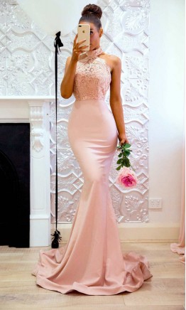 Halter Rose Lace Mermaid Bridesmaid Dresses Long KSP551