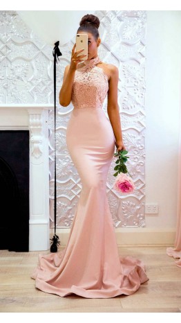 Halter Rose Lace Mermaid Bridesmaid Dresses Long KSP551