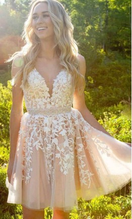 Appliqued Short V-neck Prom Graduation Dresses