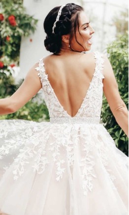 Short dusty pink prom dress with illusion V-neckline and white lace applique details KSP556