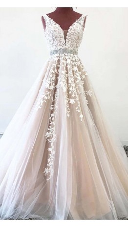 Applique Embroidery Long Prom Gowns with Straps KSP558
