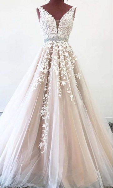 Appliqued Long Illusion V-neck Prom Dresses