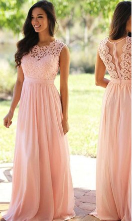 Pink Lace Long Bridesmaid Dresses with Sheer Jewel neckline KSP560