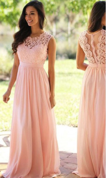 Pink Lace Long Bridesmaid Dresses