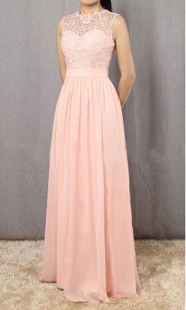 Pink Lace Long Bridesmaid Dresses with Sheer Jewel neckline KSP560