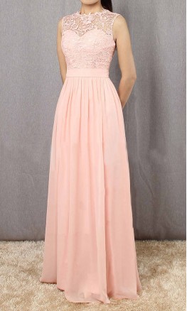 Pink Lace Long Bridesmaid Dresses with Sheer Jewel neckline KSP560