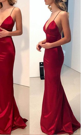 Long Red Fitted Sheath Prom Dresses with Train