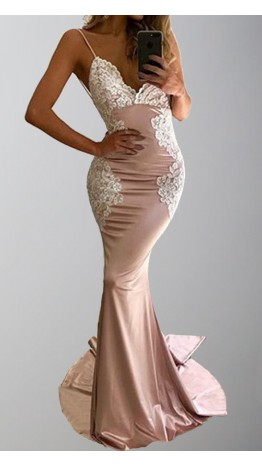 Applique Pink Mermaid Prom Dresses with Train KSP566