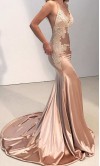 Applique Pink Mermaid Prom Dresses with Train 