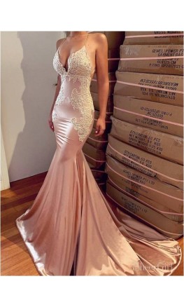 Blush Pink Lace Applique Mermaid Prom Dress with Train KSP566