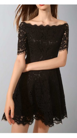 Short Black Lace Graduation Dresses Off Collar Neck KSP570