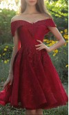 Red Lace Off Shoulder Short Prom Dresses Lace Up Back KSP574