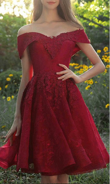Red Lace Off Shoulder Short Prom Dresses Lace Up Back