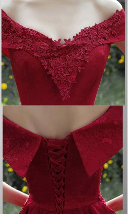 Red Lace Off Shoulder Short Prom Dresses Lace Up Back KSP574