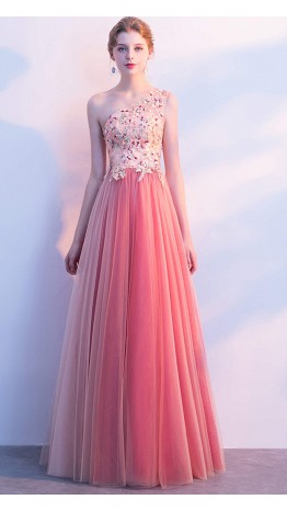 Girly Pink Applique One Shoulder Long Prom Dresses KSP575