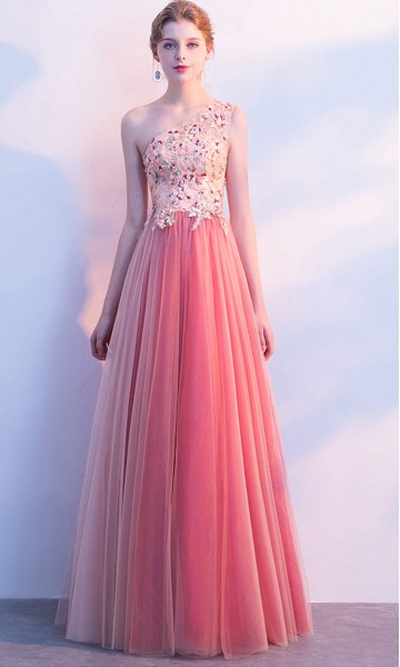Girly Pink Applique One Shoulder Long Prom Dresses KSP575