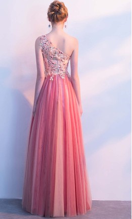Long candy pink one shoulder prom dress with champagne and pink floral lace appliques KSP575