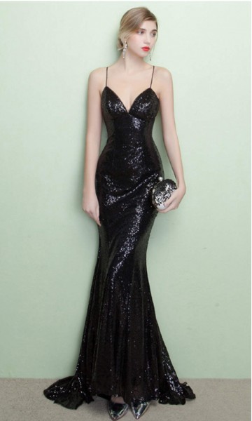 Sequin Long Bustier Black Prom Dresses