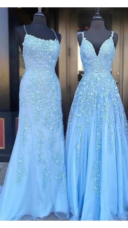 Light Blue Applique Long Mermaid Prom Dress KSP579