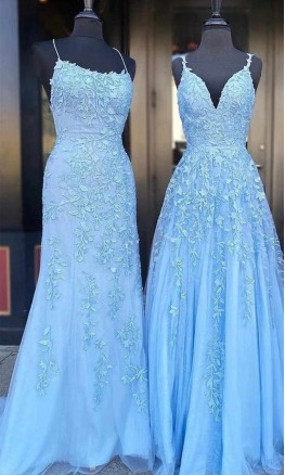 Light Blue Applique Long Mermaid Prom Dress KSP579