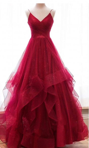 Long Sparkle Sequin Red Prom Gowns with V-neck