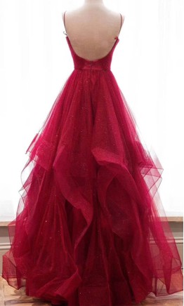 Long red sparkle sequin prom gown with deep V-neckline KSP580