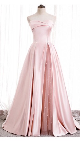 Pink Strapless Satin and Tulle Splice Prom Ball Gowns KSP582